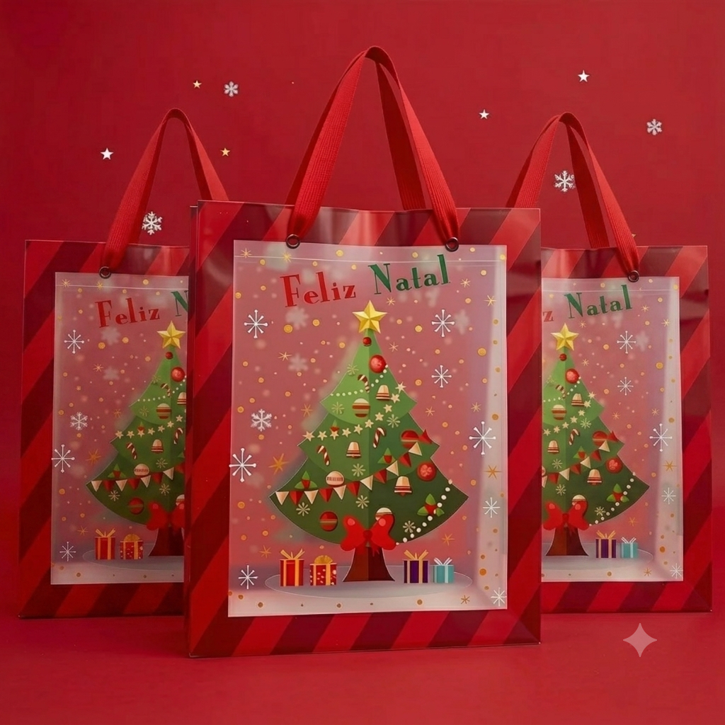Sacola Transparente Fosca Pinheiro de Natal com Alça Vermelha 25x20x7cm | Kit 1, 3, 6, 9 ou 12 Unidades