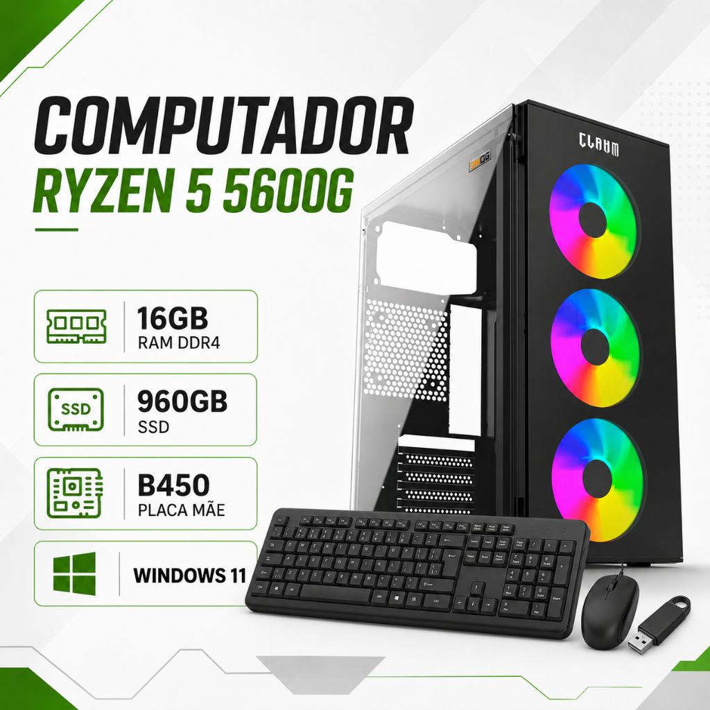 Computador PC Ryzen 5600G - 16GB de RAM - SSD 960GB - Periféricos - Windows 11