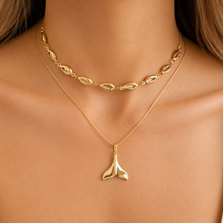gargantilha Choker De Búzios Concha folheado ouro 18k + Colar calda Rabo De Sereia baleia Ouro 18k