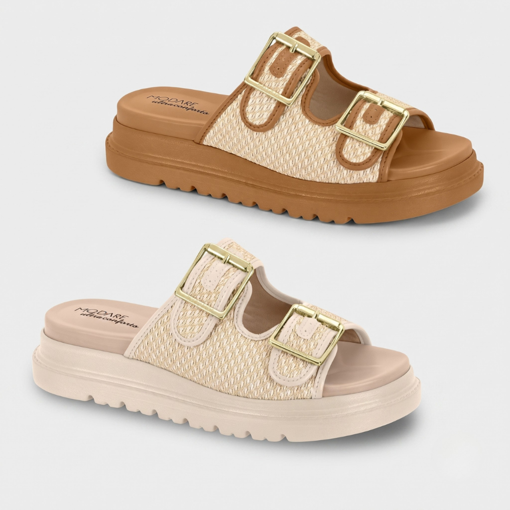 Sandalia Papete Flatform Feminina Modare Fivelas Douradas Conforto Estilo Rústic
