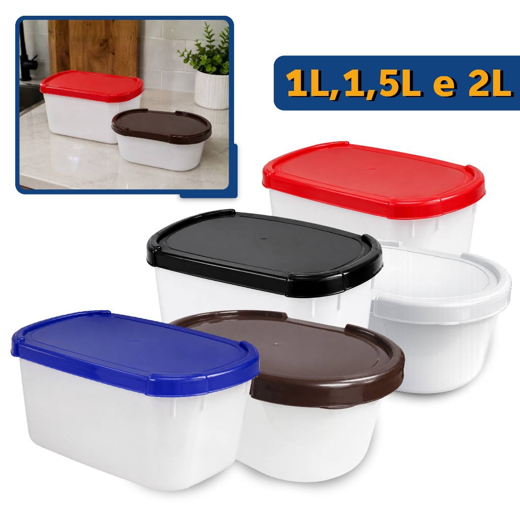 Kit 5 Potes Sorvete Açaí Sorbet C/ Tampa Plástico Cores Sorveteria Retangular Oval 1/1,5/2 Litros
