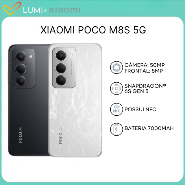 Poco M8S 5G, Versão Global, Bateria 7000mAh, 128/256GB + 6/8GB RAM, Processador Snapdragon 6s Gen 3