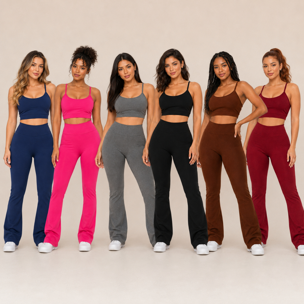 Conjunto Feminino Fitness Treino Perfeito Academia Calça Legging Bailarina Flare e Top Cropped