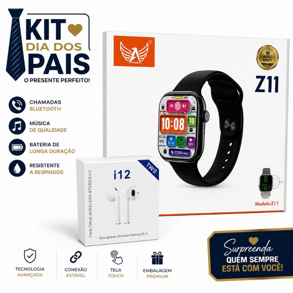 Kit Dia dos Pais | Smartwatch Z11 + Fone Bluetooth i12 | Presente Perfeito | Pronta Entrega