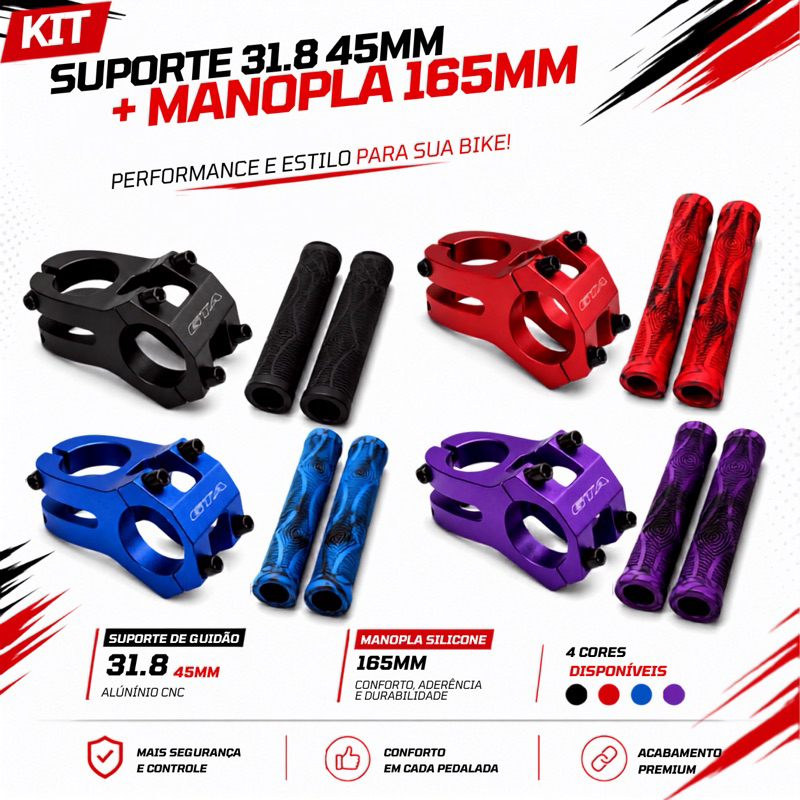 Kit Suporte de Guidão 31.8 45mm + Manopla 165mm GTA Mesinha Curta e Manopla Antderrapante Aderente Bicicleta Bike MTB DH