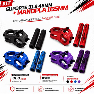 Kit Suporte de Guidão 31.8 45mm + Manopla 165mm GTA Mesinha Curta e Manopla Antderrapante Aderente Bicicleta Bike MTB DH