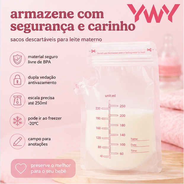 KIT 30/60 Bolsa Armazenadora de Leite Materno 250ml para Congelar com Bico Área para Anotações P1