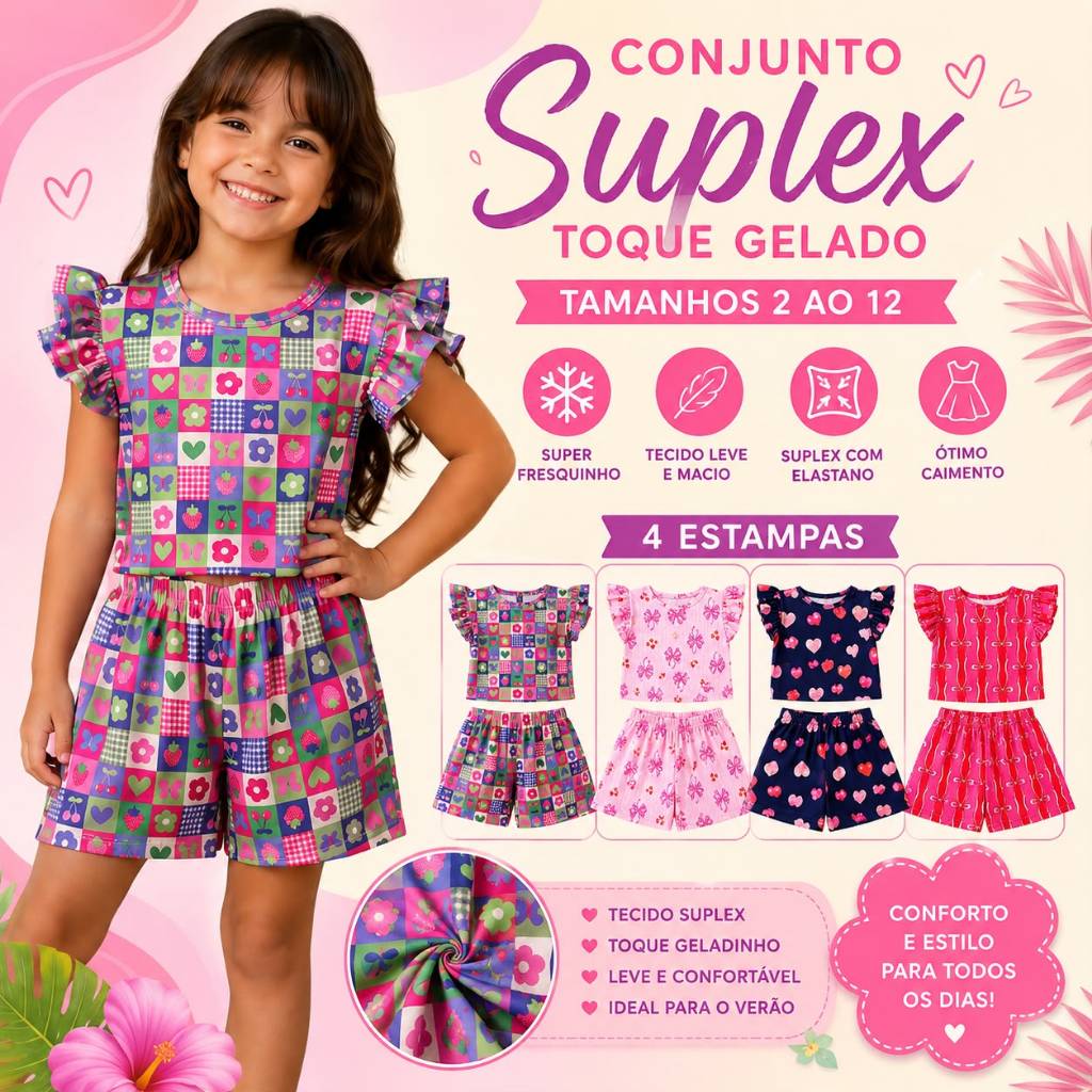 Conjunto Menina Infatil Leve e super Confortavel Ideal Para o Verão 2 ao 12 Anos