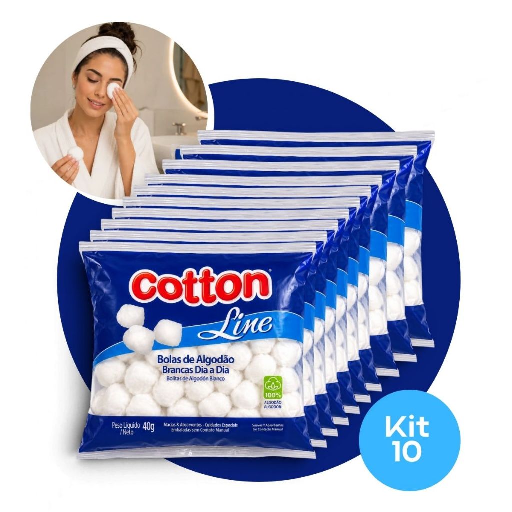 KIT 10 ALGODÃO BOLA 40G COTTON LINE LIMPEZA FACIAL UNHAS  E HIGIENE PESSOAL MACIO E ABSORVENTE USO DIÁRIO