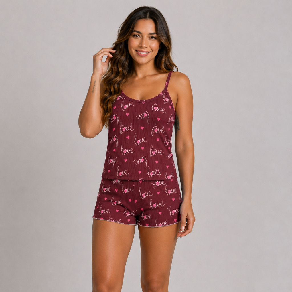 Conjunto Pijama Curto Suede Estampado Feminino Conforto Dia a Dia Pijama Com Alcinha Baby Doll Short Canelado Vinho