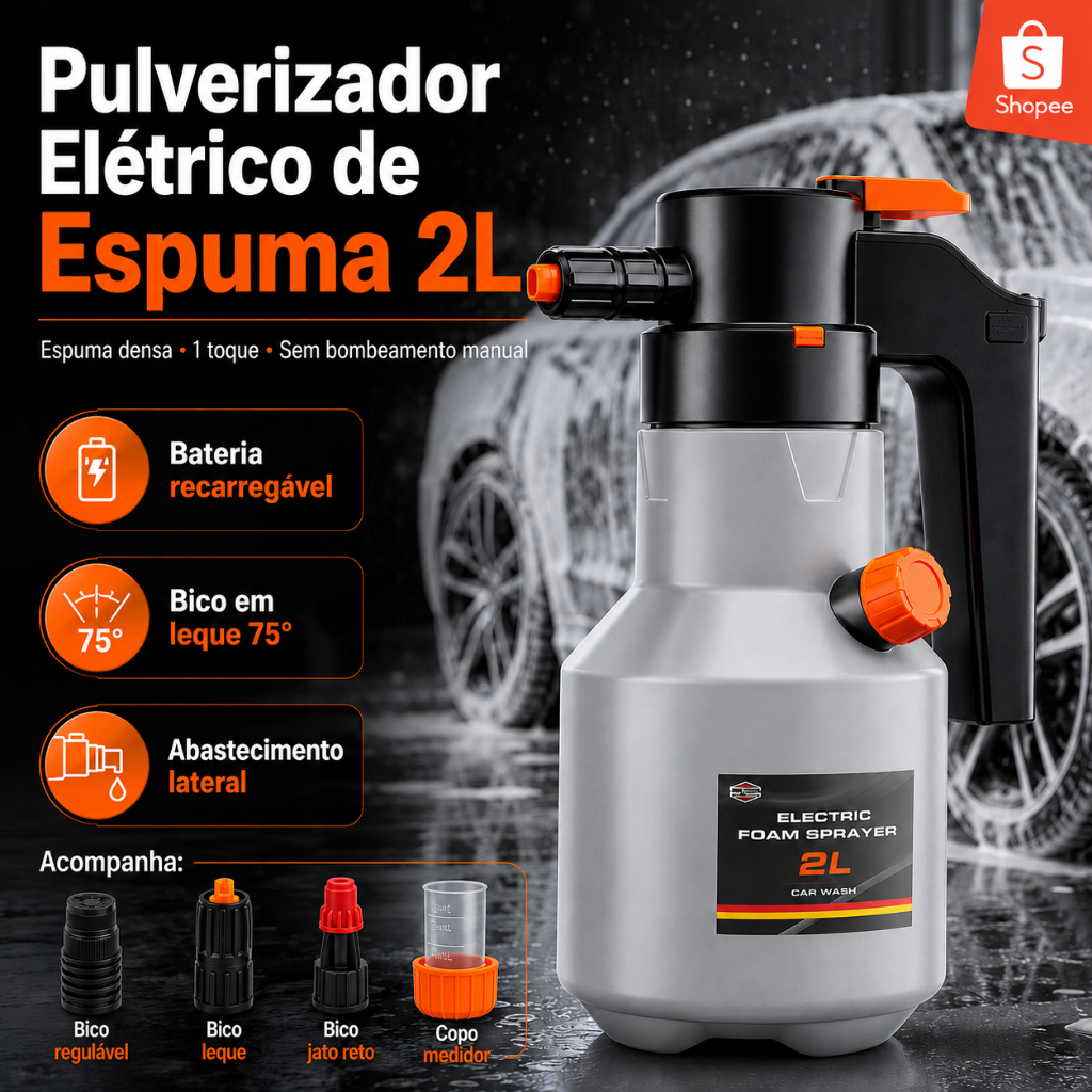 Pulverizador Elétrico de Espuma Foam Spray 2L Lavadora Recarregável USB para Lavagem de Carro com 3 Bicos