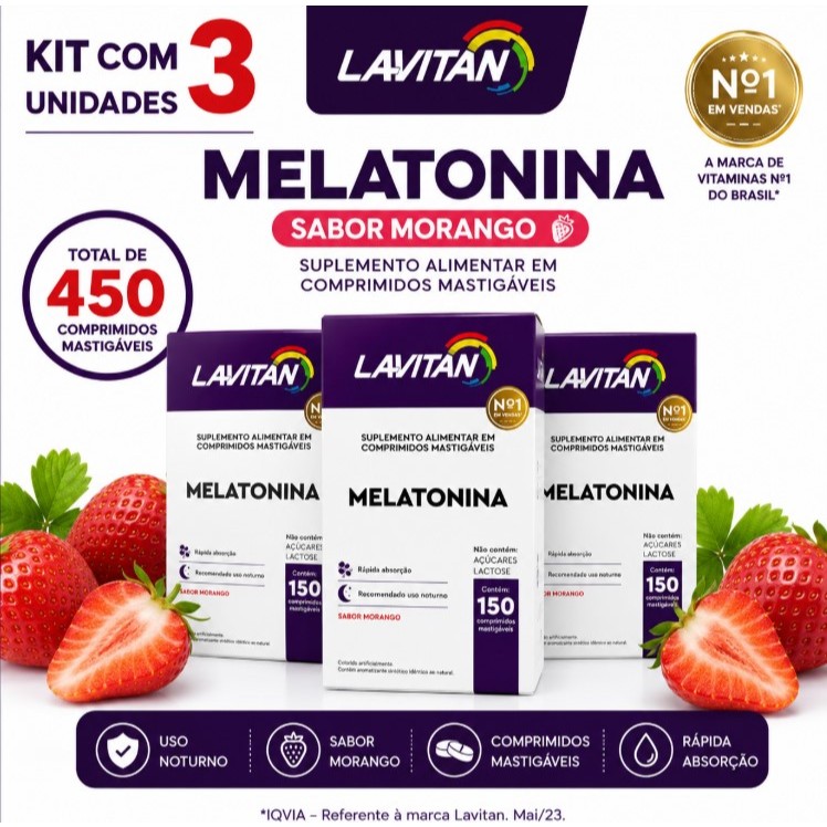 Kit 3 Melatonina Lavitan 150 Comprimidos Mastigáveis Sabor