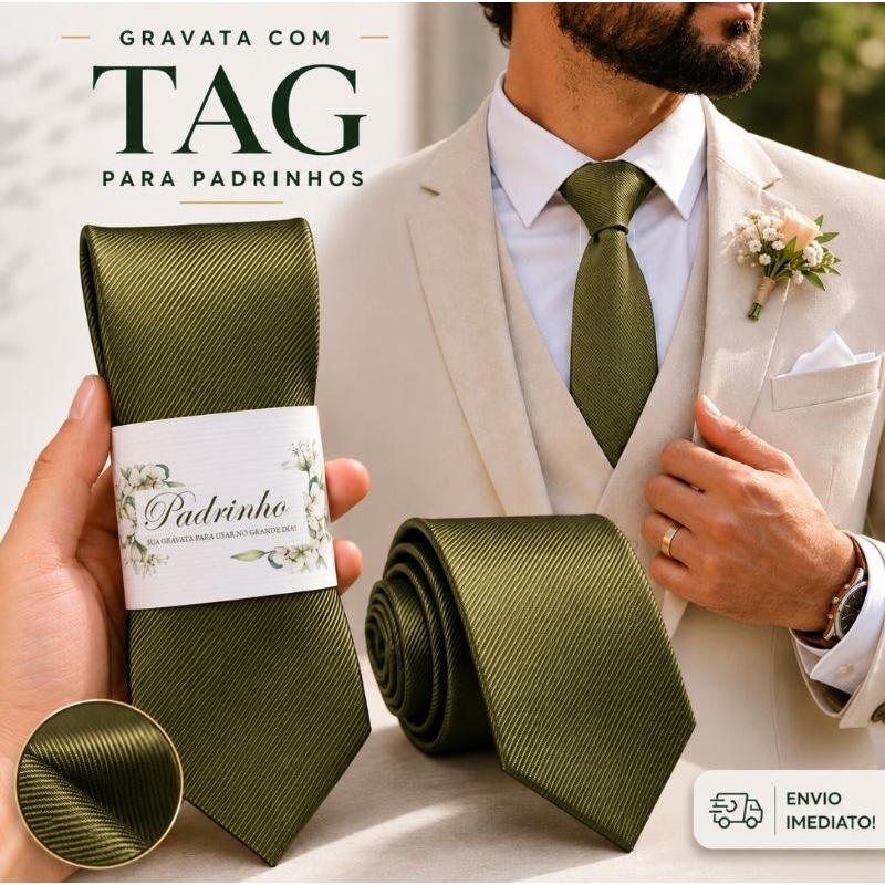 GRAVATA COM TAG VERDE OLIVA PARA PADRINHOS DE CASAMENTO LEMBRANCINHA PARA PADRINHO