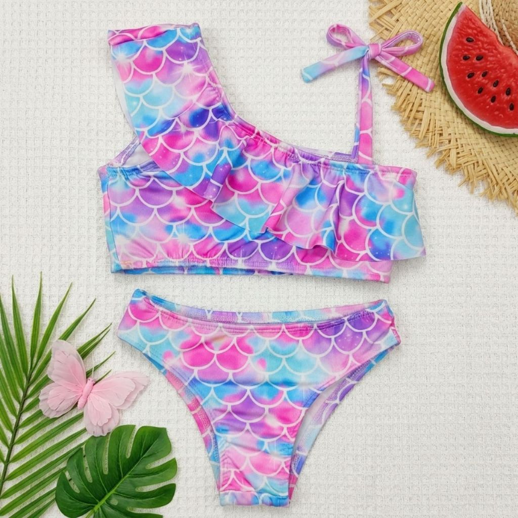 Conjunto Biquini Infantil Menina Manga Nula Um Ombro Só Com Babado Moda Praia Piscina Natação Suplex 4 a 12 Anos