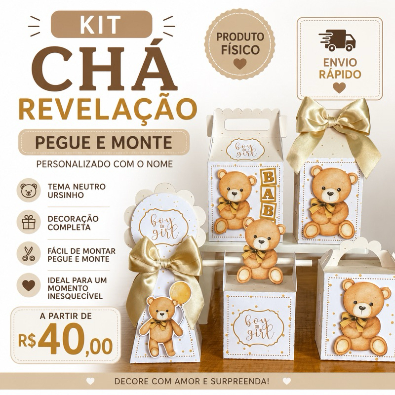 Kit Chá Revelação Ursinho Neutro Personalizado | Pegue e Monte  | Decoração Completa