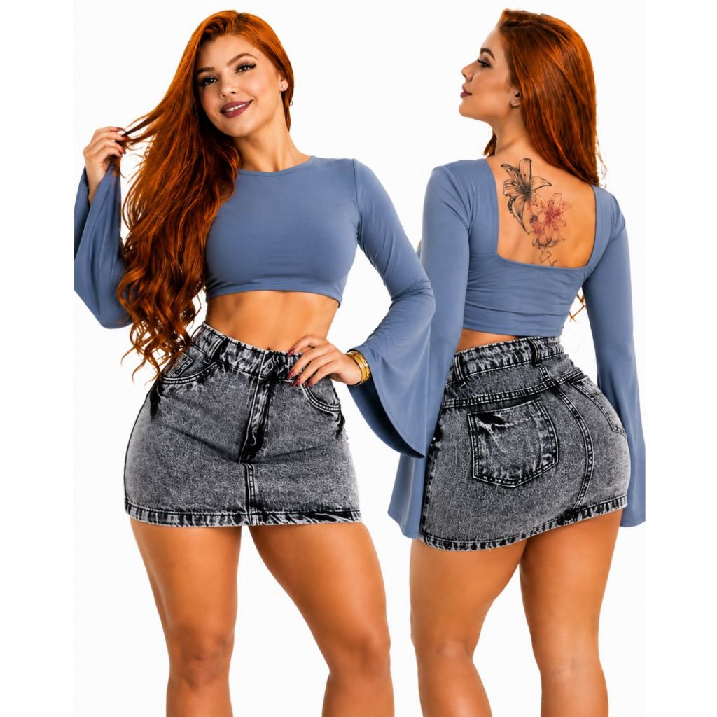 Saia Jeans Feminina Cintura Alta Destroyed Lançamento 2026