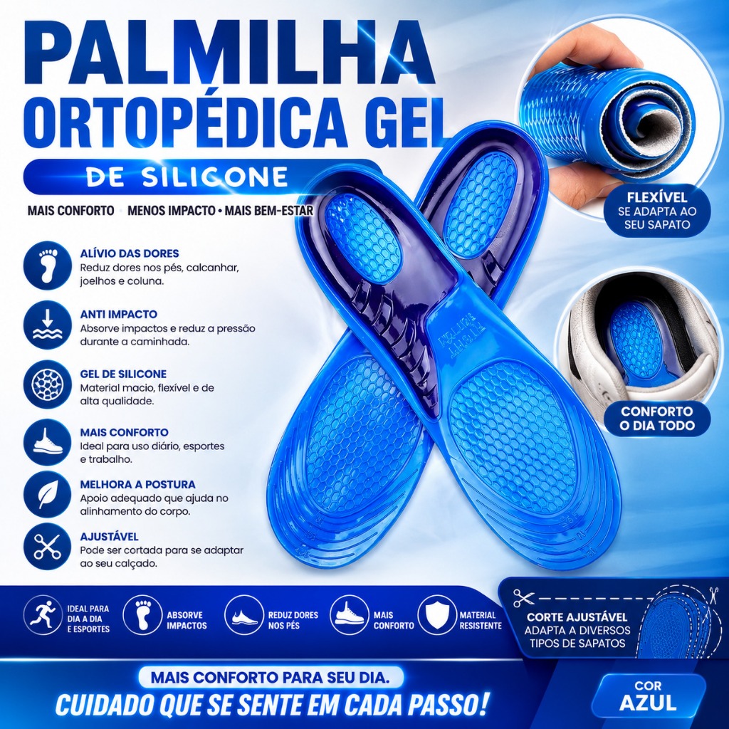 Palmilha Ortopédica Gel de Silicone Anti Impacto para Dores nos Pés Conforto Ajustável