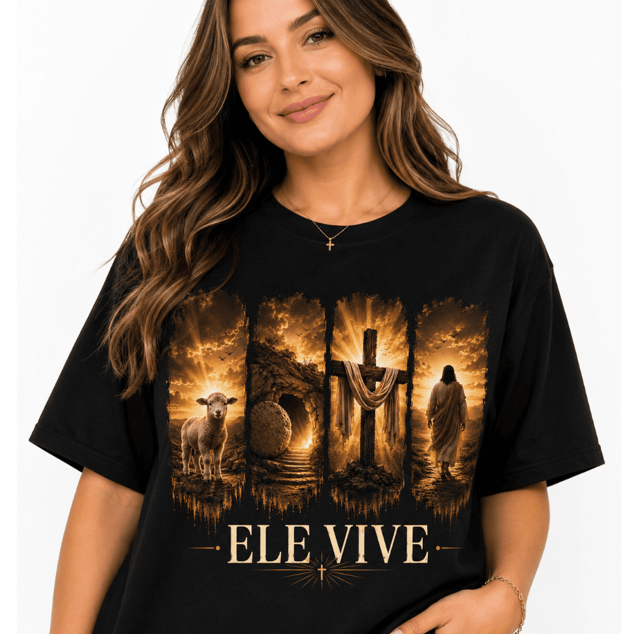 Camiseta Feminina Cristã 100% Algodão Ele Vive Camisa Estampada Blusa Premium Confortável Soltinha Gospel
