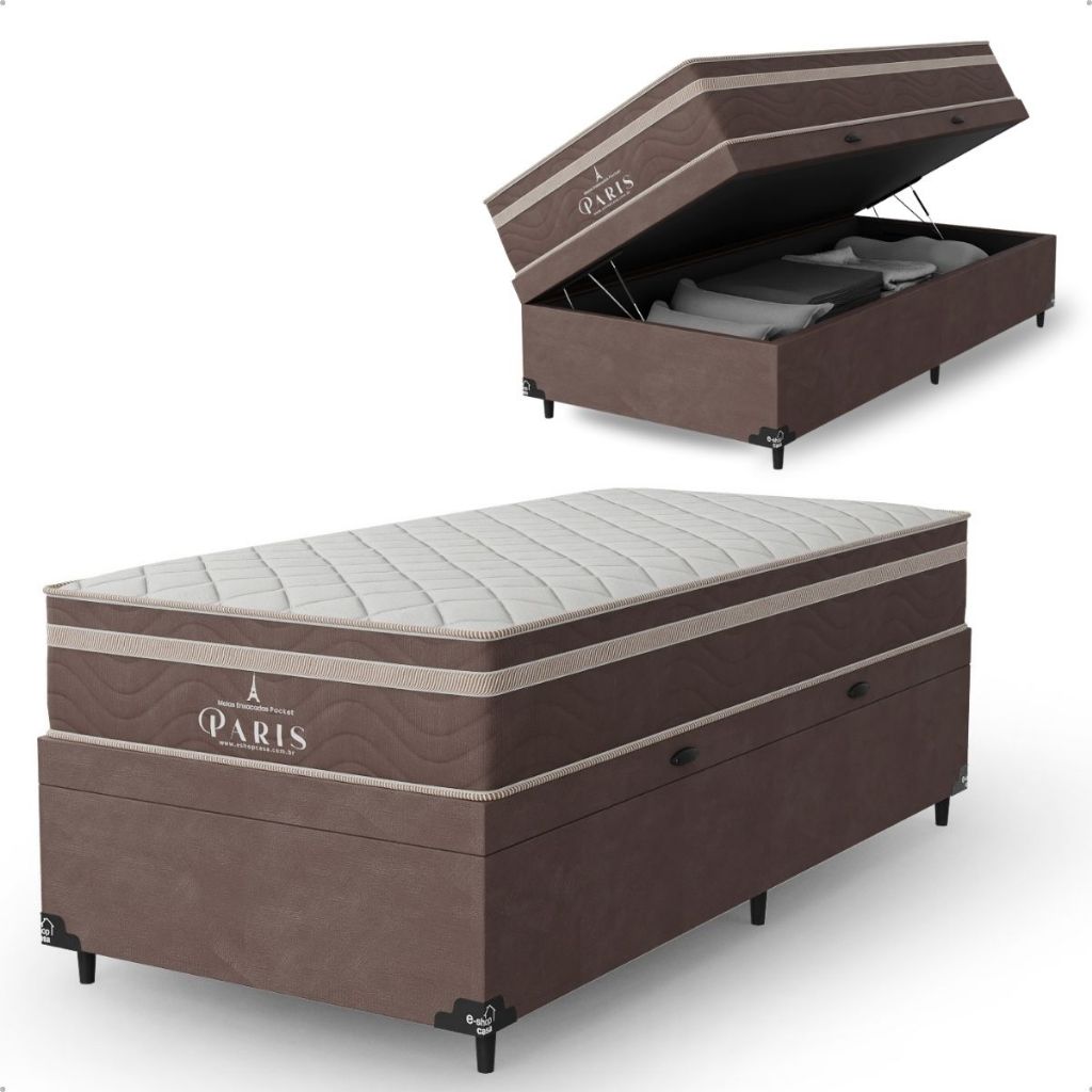Cama Box Baú Solteiro + Colchão Paris Molas Ensacadas - Suede Marrom - e-Shop Casa