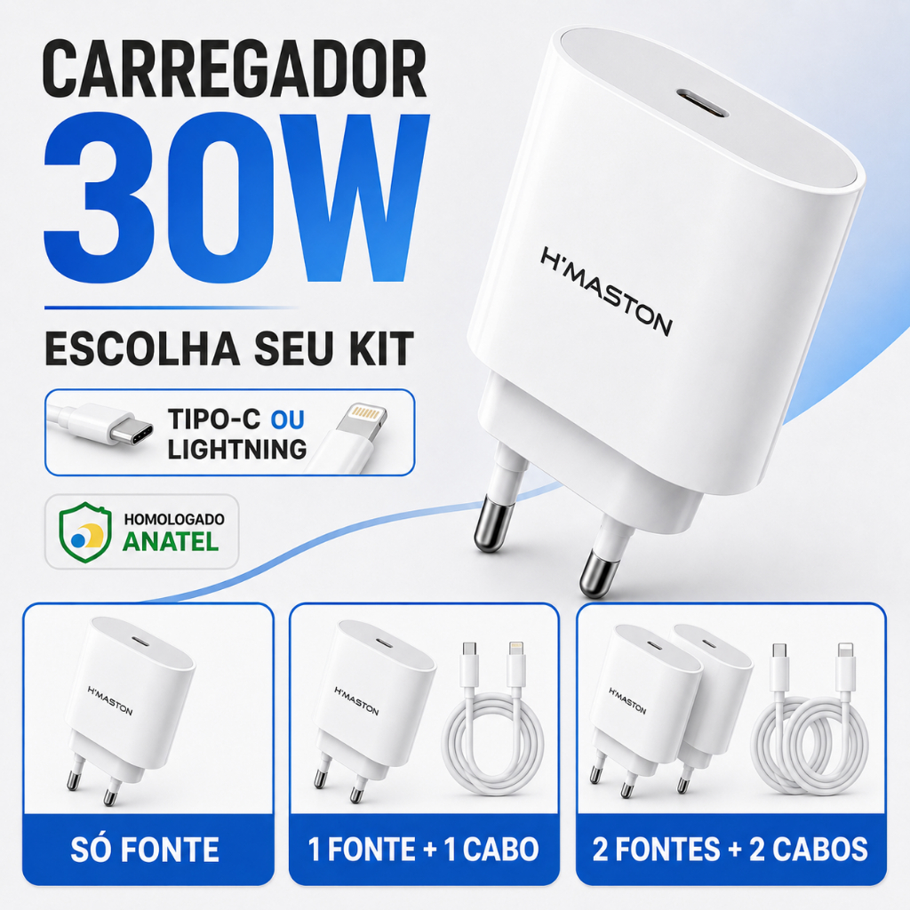 Carregador de Carregamento Turbo 30w Fonte 3A Carregar Celular Tipo-C Lightning Iphone Rapido