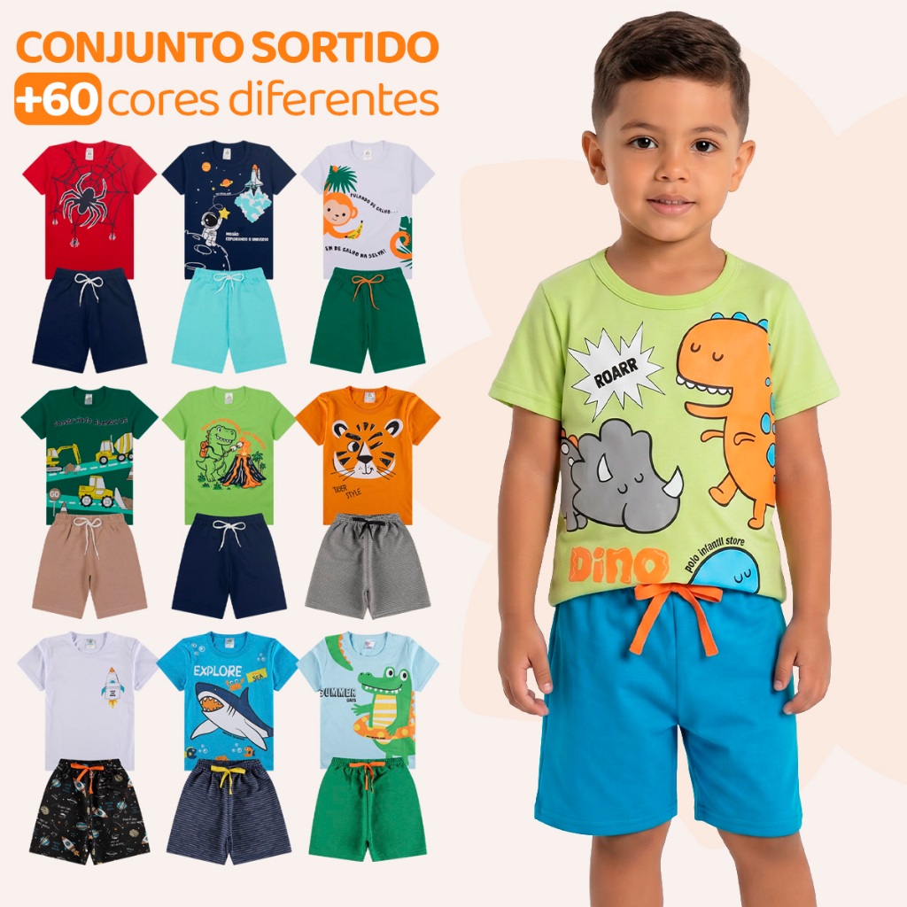 Kit Sortido 6 Peças de Roupas Infantil Menino Verão (3 Camisetas + 3 Bermudas) Kit 3 Conjunto Infantil Bebê Menino Verão