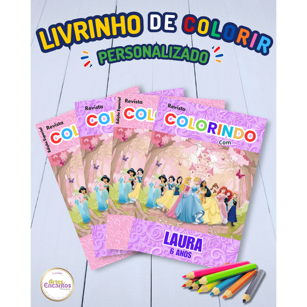 Revistinha de colorir Livrinho Lembrancinha infantil personalizada Aniversário Tema PRINCESAS DISNEY