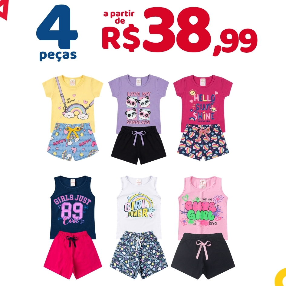 Kit Sortido 4 Peças Roupa Infantil Menina Verão Conjunto Feminino Criança Algodão Tamanhos 1 ao 14