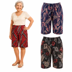 Kit 2 Bermudas Femininas Senhora Estampadas – Cintura com Elástico, Confortável, Leve, Cores Variadas