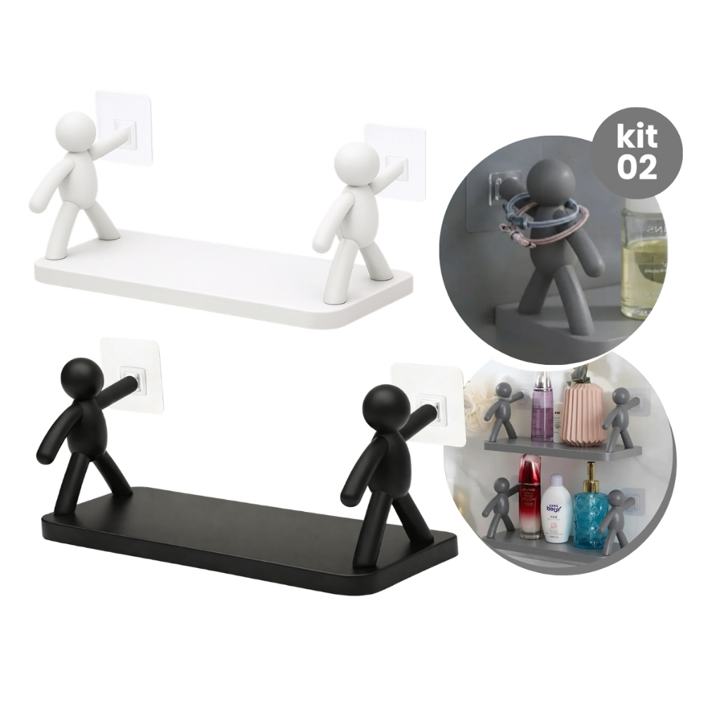 Duas Prateleira Estante Bonequinho Buddy plástico com suporte decorativa banheiro cozinha C/ Adesivo