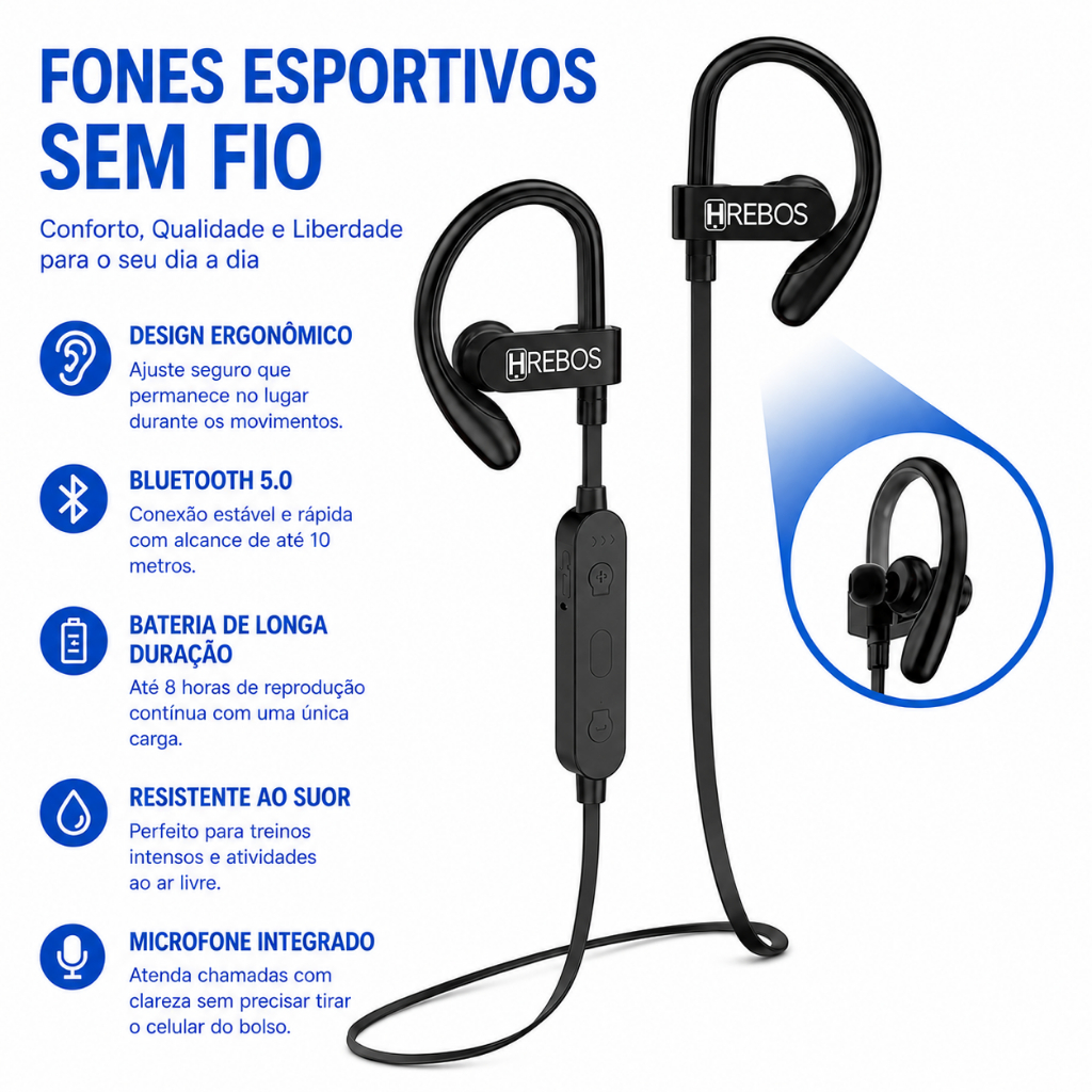 Hrebos HS-188 Fone Bluetooth 5.0 Condução Óssea Esportivo Earflex Fone Corrida Academia