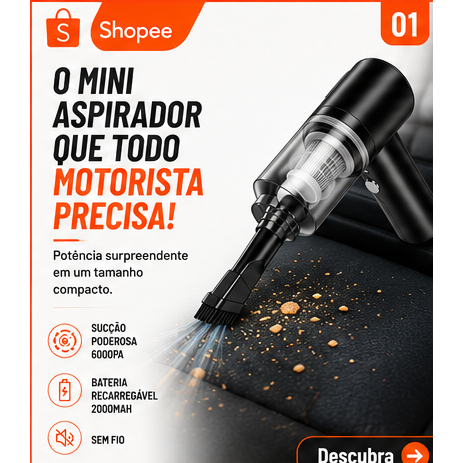 Mini Aspirador Automotivo Portátil Potente Recarregável Sem Fio Alta Sucção 6000Pa USB para Carro Casa Sofá Teclado