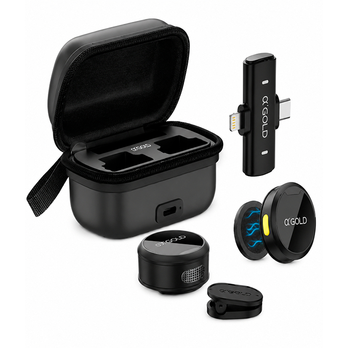 Microfone de Lapela Redondo Sem Fio Duplo A'Gold Tipo-C e Lightning Redução de Ruído Plug & Play