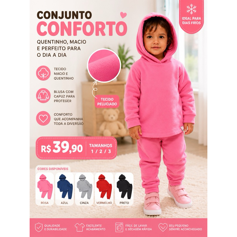 Conjunto Infantil Moletom Peluciado com Capuz Inverno Menina Menino Tam 1 2 3 Quentinho