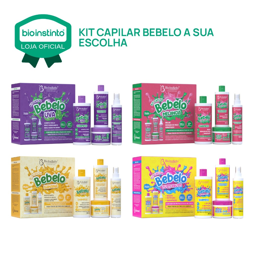 Kit Bebelo Tutti Fruti Uva Banana A escolha Cabelos lisos Ondulados Ressecados Força Bio Instinto