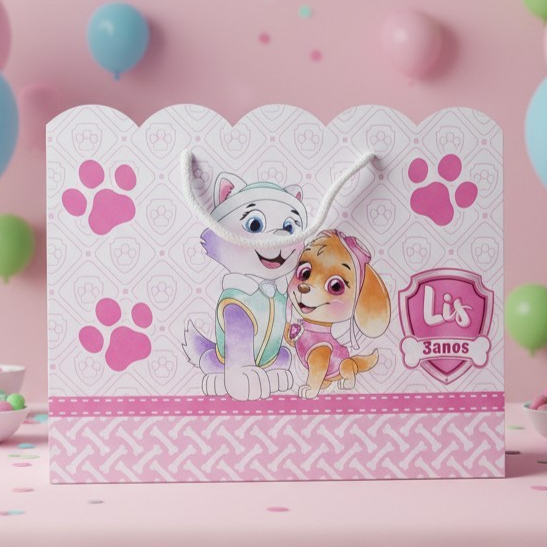 Sacolinha (G) Personalizada Lembrancinha Patrulha Canina Rosa Aquarela.