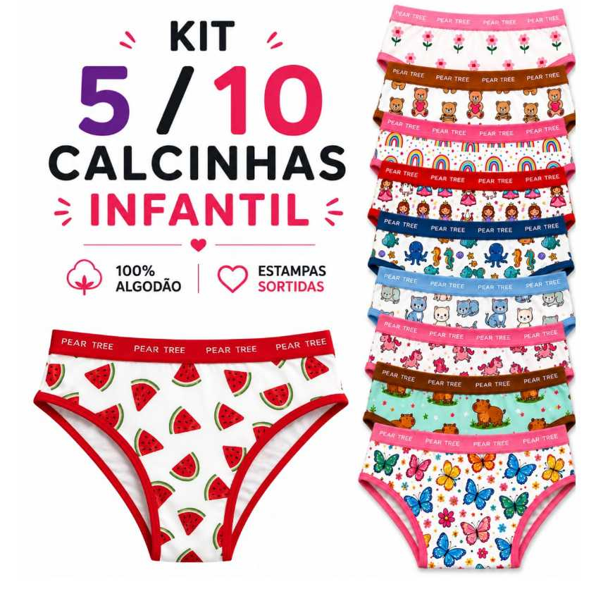Kit Calcinhas Infantil Algodão 5 ou 10 Peças Menina Juvenil Cós Alto Estampadas