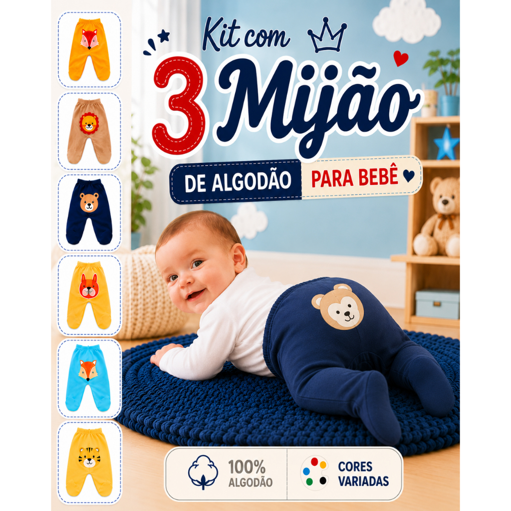 Kit com 3 Mijao Bebê Menino Com Pé - Malha 100%algodão Estampas e Cores Aleatórias Calça Recém Nascido