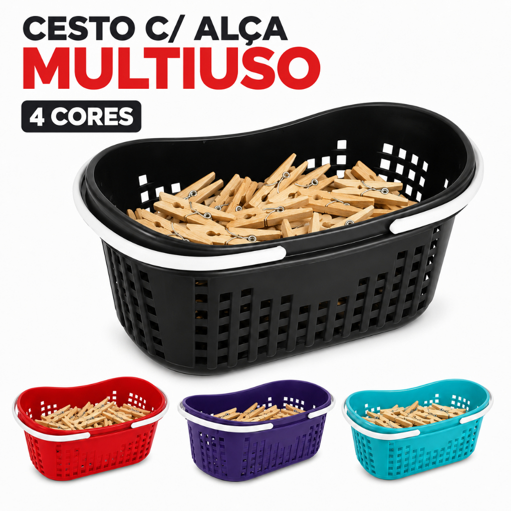 Cesto C/ Alça Plástico Resistente Multiuso Prendedor de Roupa Copa Casa Banheiro Lavanderia