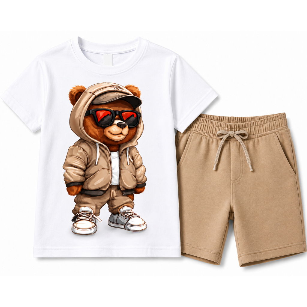 Conjunto Infantil Masculino Camiseta e short Menino Moletinho Verão Urso Confortável Criança Kids