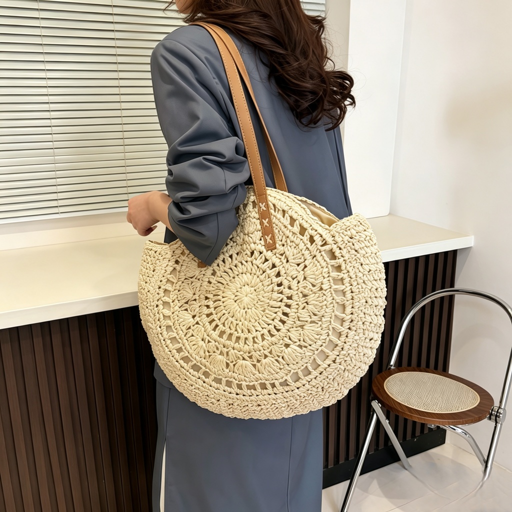 Bolsa redonda comprar Bolsa de palha Feminina Charmosa Bolsa de Ombro Casual Grande para Praia Férias e Combinar Looks