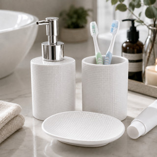 Conjunto 3 Peças Banheiro Lavabo Branco Cerâmica Saboneteira Escovas e Dispenser Lille  - Lyor