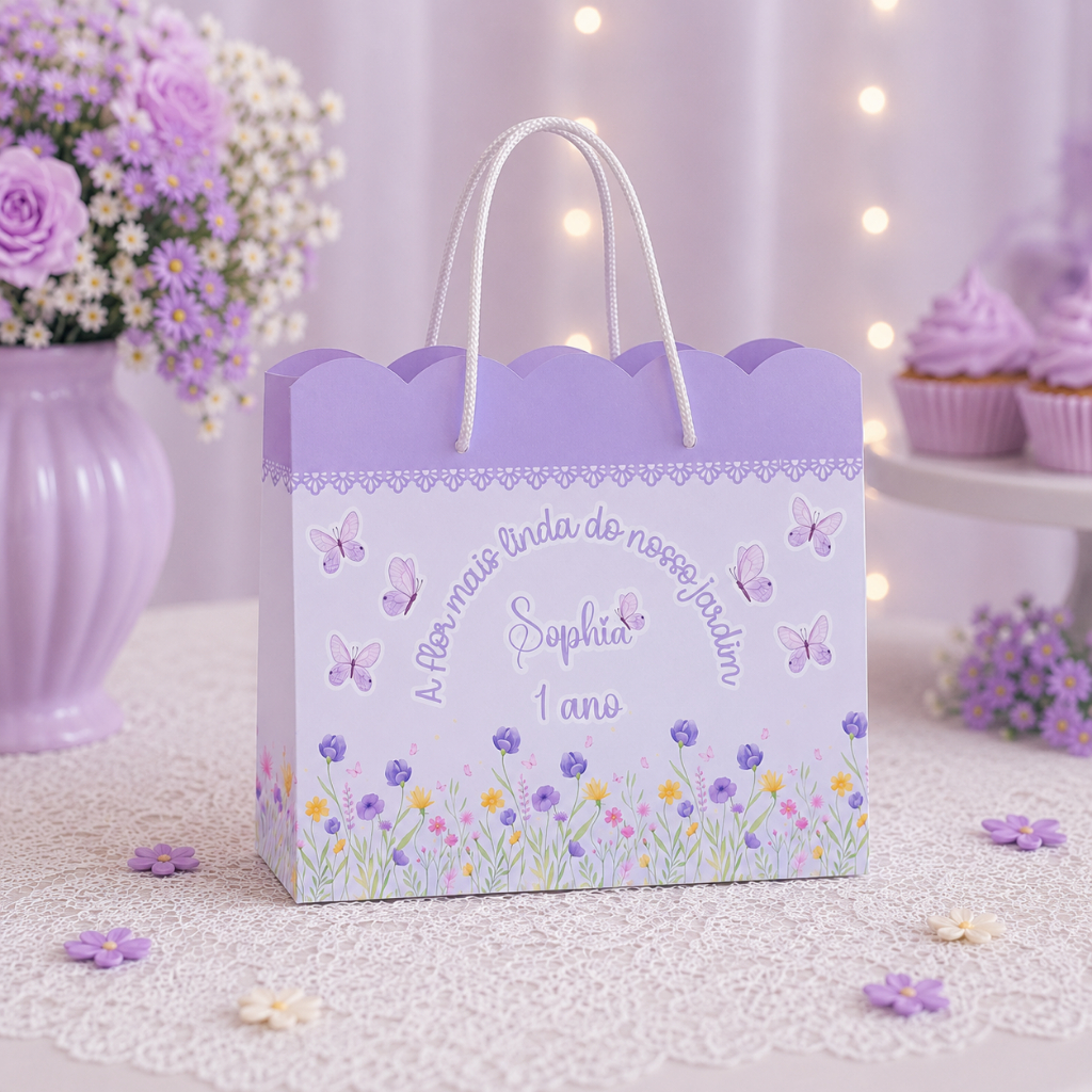 Kit de Sacolinhas Personalizada Jardim Encantado - Lilás / Jardim das Borboletas - Pegue e Monte - Lembrancinha de Festa