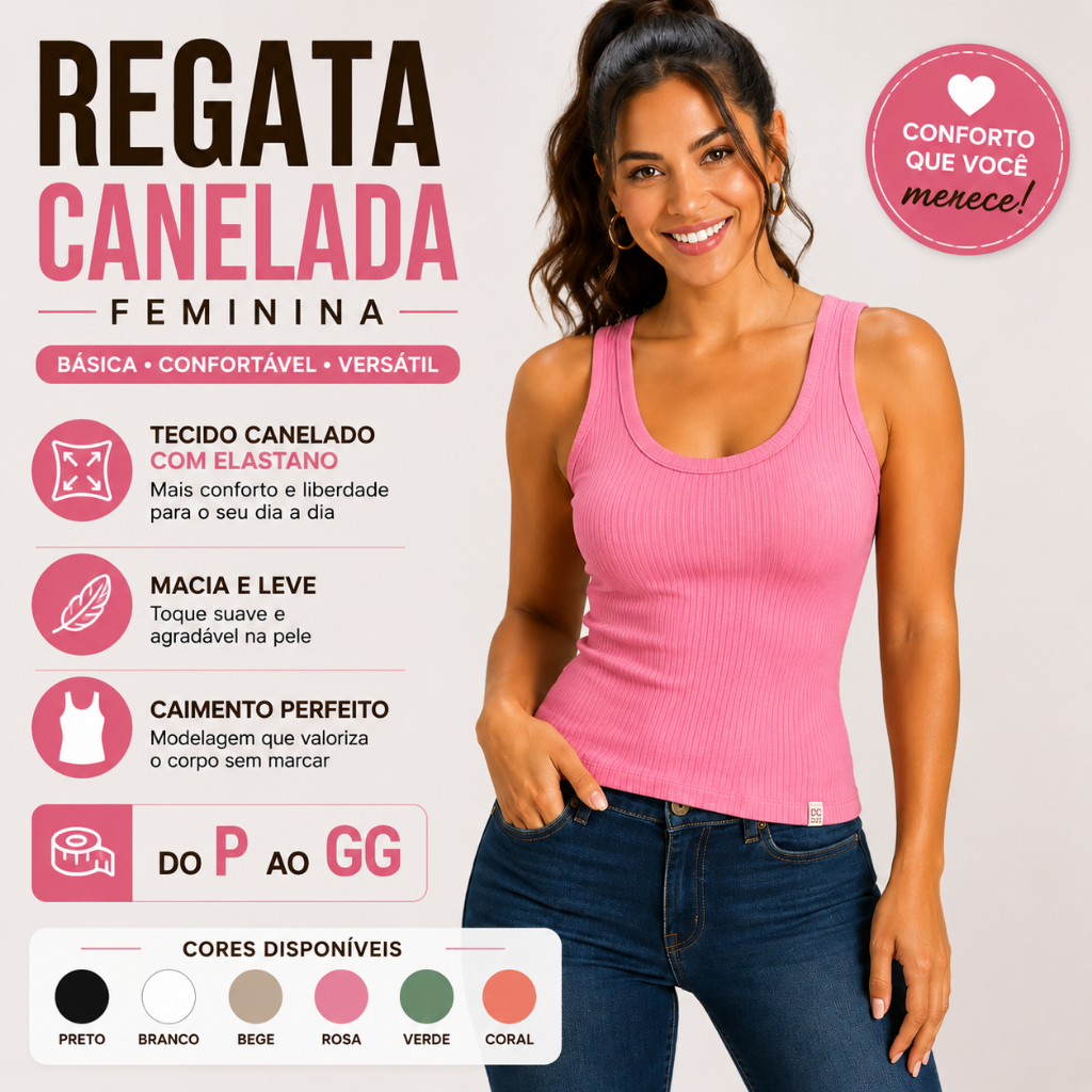 Regata Feminina Ribana Canelada Básica Ajustada Confortável Moda Casual Atemporal Leve 25622-A