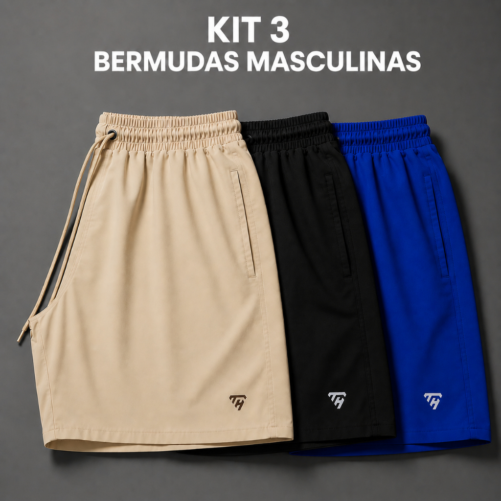 Kit 3 Bermudas Masculinas Tactel Com Elastano Academia Treino Praia Corrida Shorts Elástico Tecido Leve