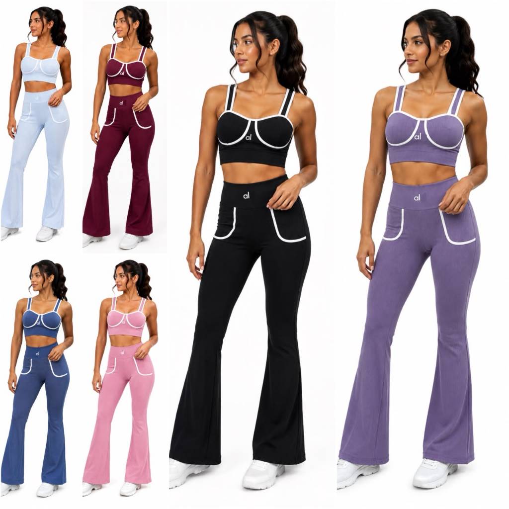 Conjunto Fitness Feminino Academia Top E Calça Flare Canelado Bicolor Modelador Gringo Cintura Alta Treino Malhar SD4073