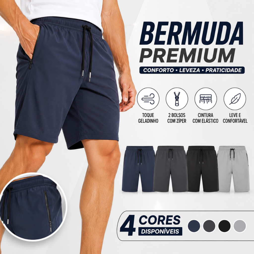 Bermuda Masculina Poliamida Premium com Elastano Bolsos com Zíper Cós Elástico M ao G1