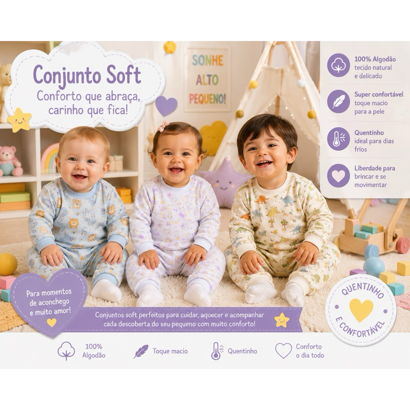 Kit 2 conjuntos soft estampado cores sortidas para menina e menino do P ao 6 anos