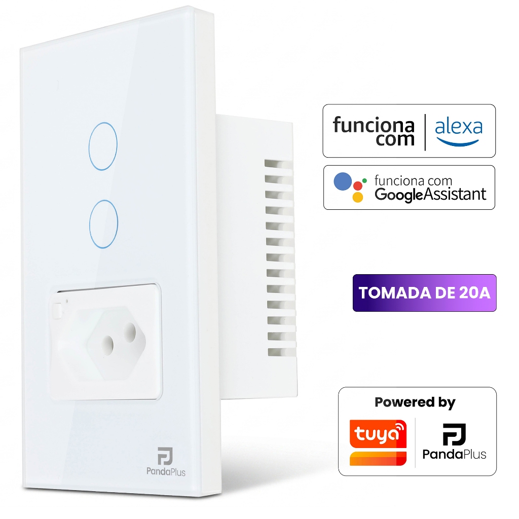 Interruptor Inteligente Wifi 1 e 2 Botões Touch 1 Tomada 20A Bivolt Smartlife Tuya Panda Plus Alexa Google Comando Voz
