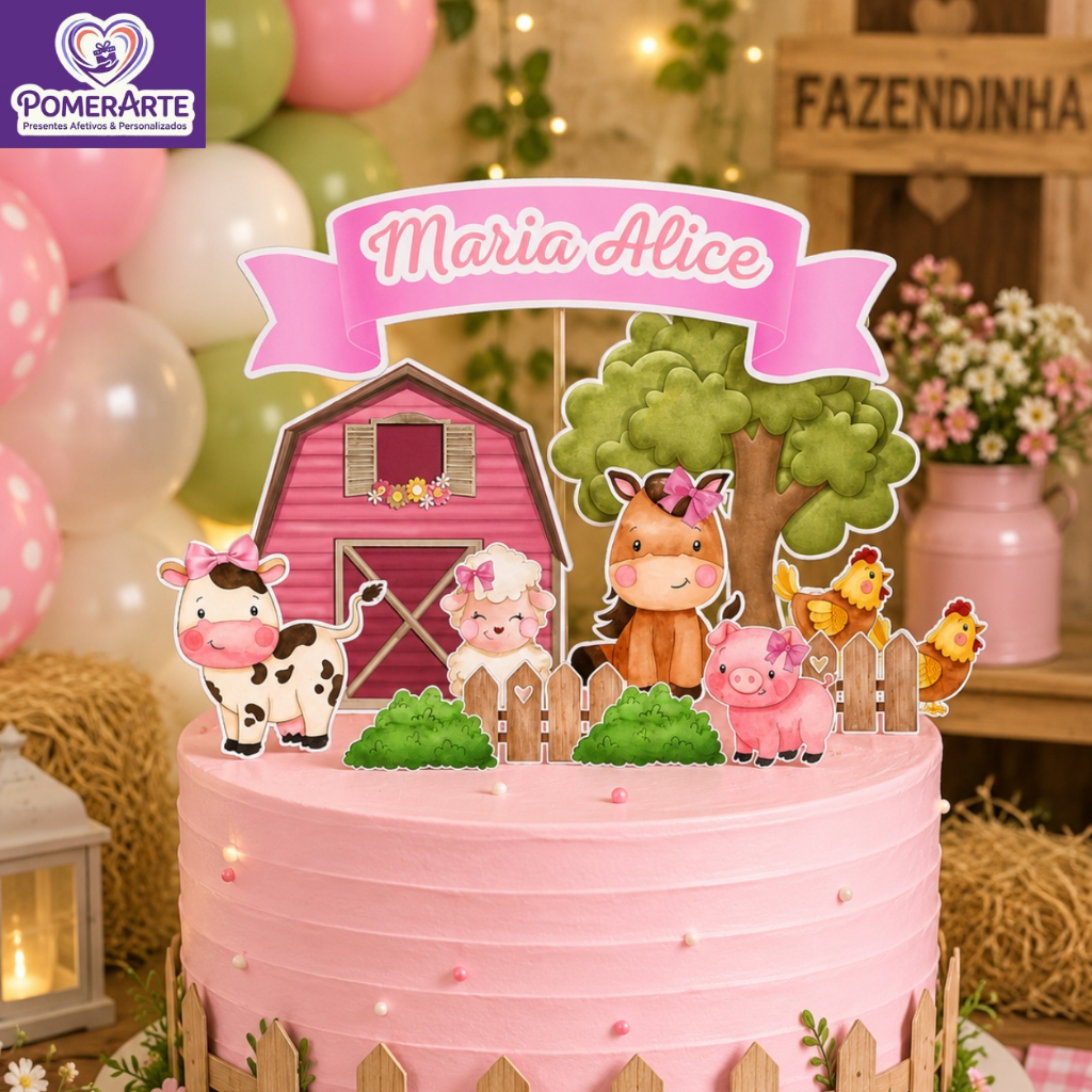 Topo de Bolo fazendinha rosa Personalizado Aniversário com Nome
