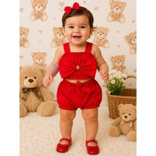 Conjunto Cropped Laço e Short infantil roupa bebê até 6 meses com faixa de cabelo